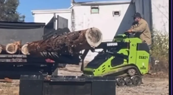 Crew member loading a tree log onto a trailer with a compact loader