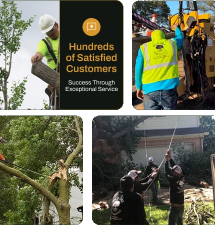 Wild Oak Tree Service crew at work: climbing, wood chipping, bucket-truck limb removal and rope lowering — hundreds of satisfied customers